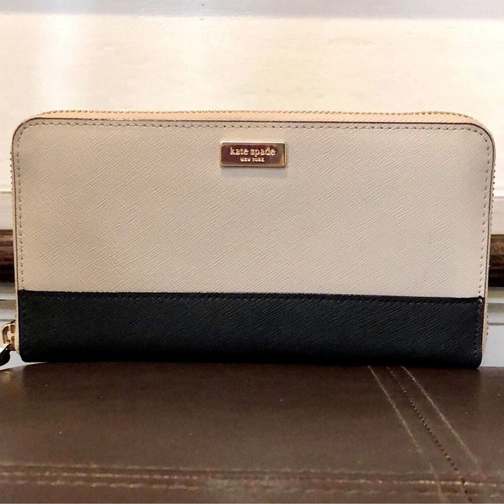 KATE SPADE Taupe & Black Saffiano Leather Continental Wallet Gold Zipper